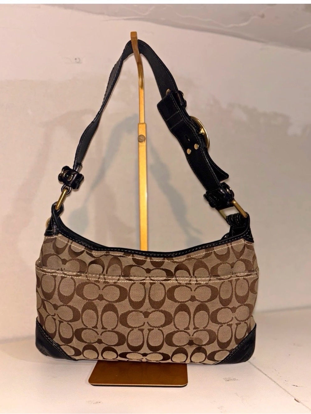 Coach Small Signature Canvas Shoulder Bag in Khaki and Black
